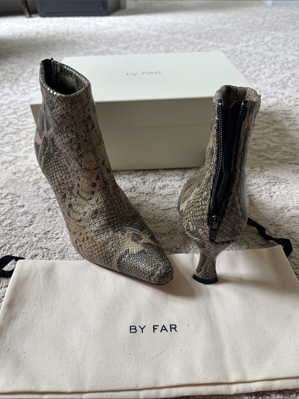 BY FAR Beige Snake-Print Pointed-Toe Ankle Boots with Kitten Heel